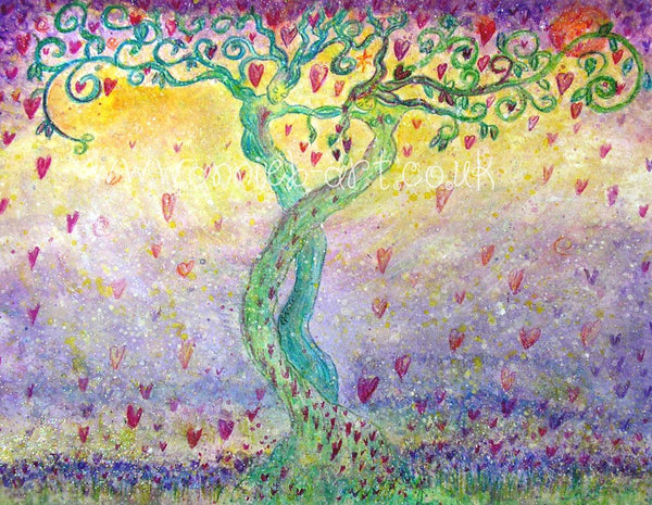 'Dance wild and free' an original magical tree painting by annie b. inspired by the beautiful Spring energies and blossoms and the union of male and female energies.  An original painting in mixed media with a hint of sparkle to add the magic on  watercolour paper , mounted and framed in a natural wooden frame ready to put on your wall at home or business.  the perfect wedding gift.  size including frame 40cm x