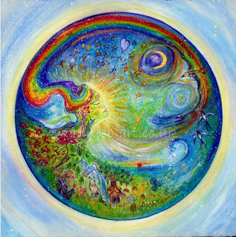 This painting of Mother Earth- Gaia was my response to the first lockdown - where as I walked in nature I saw mother earth flourishing in harmony surrounded by a rainbow of love.  The animals, plants, oceans and skies are all connected by her loving golden light and the green heart angel.  This is a painting of hope, for nature knows not fear. 