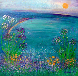 Fine art giclee print.  Magical purple and white agapanthus flowers dance  above the tranquil turquoise bay of St. Ives in Cornwall taking you right to the peacefulness of the ocean.