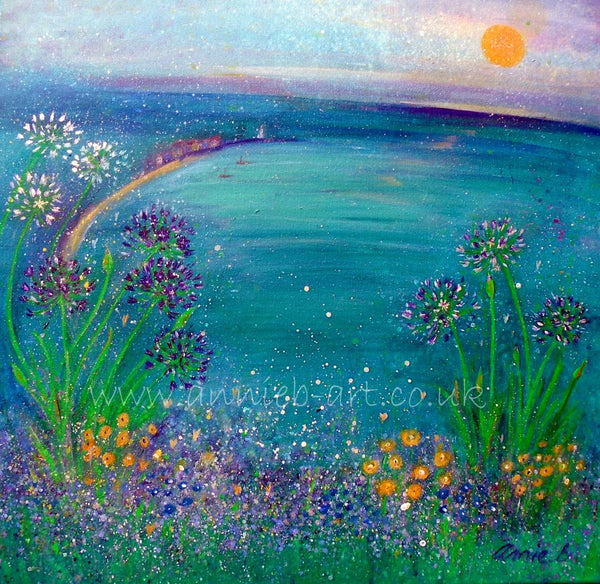 Fine art giclee print.  Magical purple and white agapanthus flowers dance  above the tranquil turquoise bay of St. Ives in Cornwall taking you right to the peacefulness of the ocean.