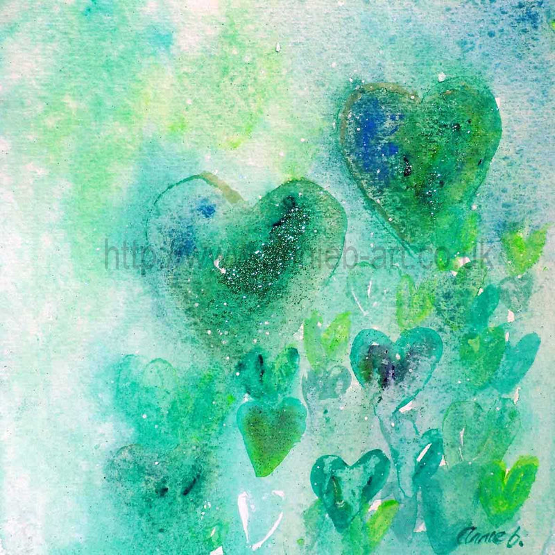 Green blue and turquoise hearts in a water colour style float effortlessly to the sky shining out their love. Such a calming painting.  Square format fine art print available with two options to choose from: