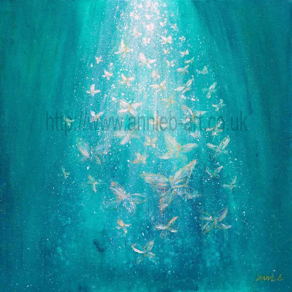 Caribbean blue  III fine art giclee print. This magical image was created as part of a set of three paintings of the white butterflies flying over the turquoise Caribbean ocean inspired by a magical event that occurred on our wedding day, when just before the ceremony thousands and thousands of white butterflies were seen flying over the ocean and beach where our ceremony was taking place.