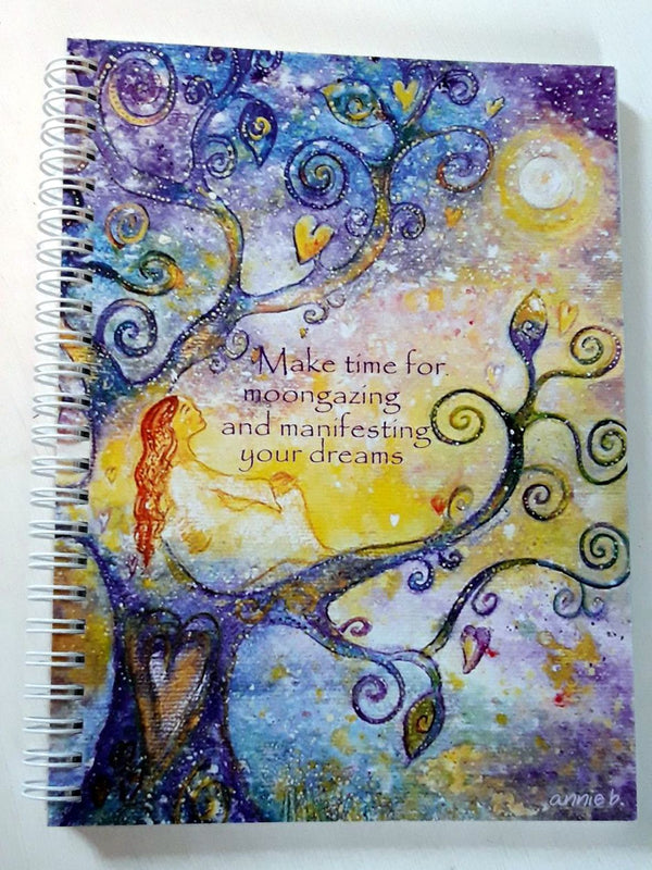 Inspirational notebooks/ journals printed locally on 100% recycled paper by artist annie b., ideal for your dreams and wishes, sketches, journaling and more - the perfect gift for your loved ones and yourself..  Heavy 160 gms plain off white paper   Size A5 portrait - 14.8cm x 21 cm   / 5.8" x 8.3"  Spiral bound . Printed in Cornwall with love.