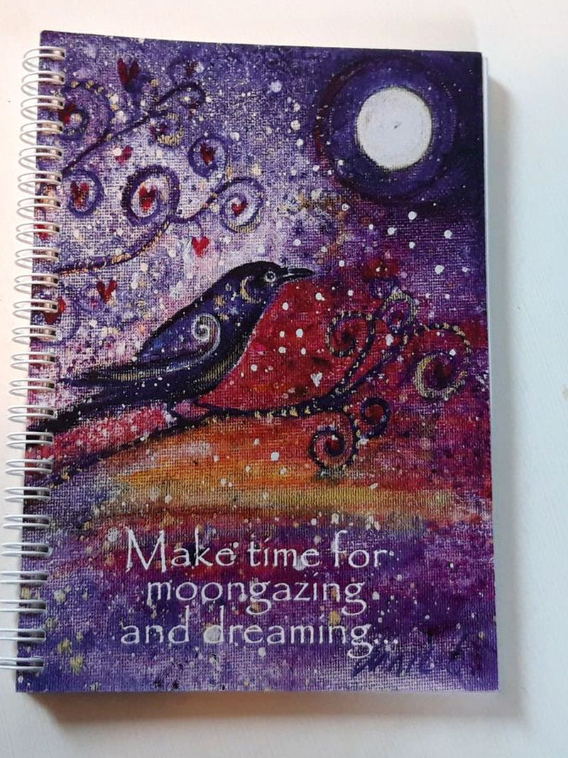 Crow sits dreaming under a full moon.  Inspirational notebooks/ journals printed locally on 100% recycled paper, ideal for your dreams and wishes, sketches, journaling and more - the perfect gift for your loved ones and yourself..  Heavy 160 gms plain off white paper / card  Size A5 portrait - 14.8cm x 21 cm   / 5.8" x 8  Spiral bound.  Recycled paper, Printed locally in Cornwall.  