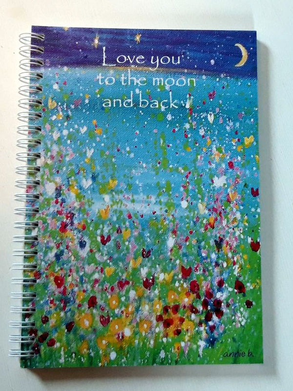 Inspirational notebooks / journals printed locally on 100% recycled paper, ideal for your dreams and wishes, sketches, journaling and more - the perfect gift for your loved ones and yourself..  Love you to the moon and back.  Heavy 160 gms. plain off white paper /card  Size A5 portrait - 14.8cm x 21 cm   / 5.8" x 8.3"  Spiral bound and printed in Cornwall with love
