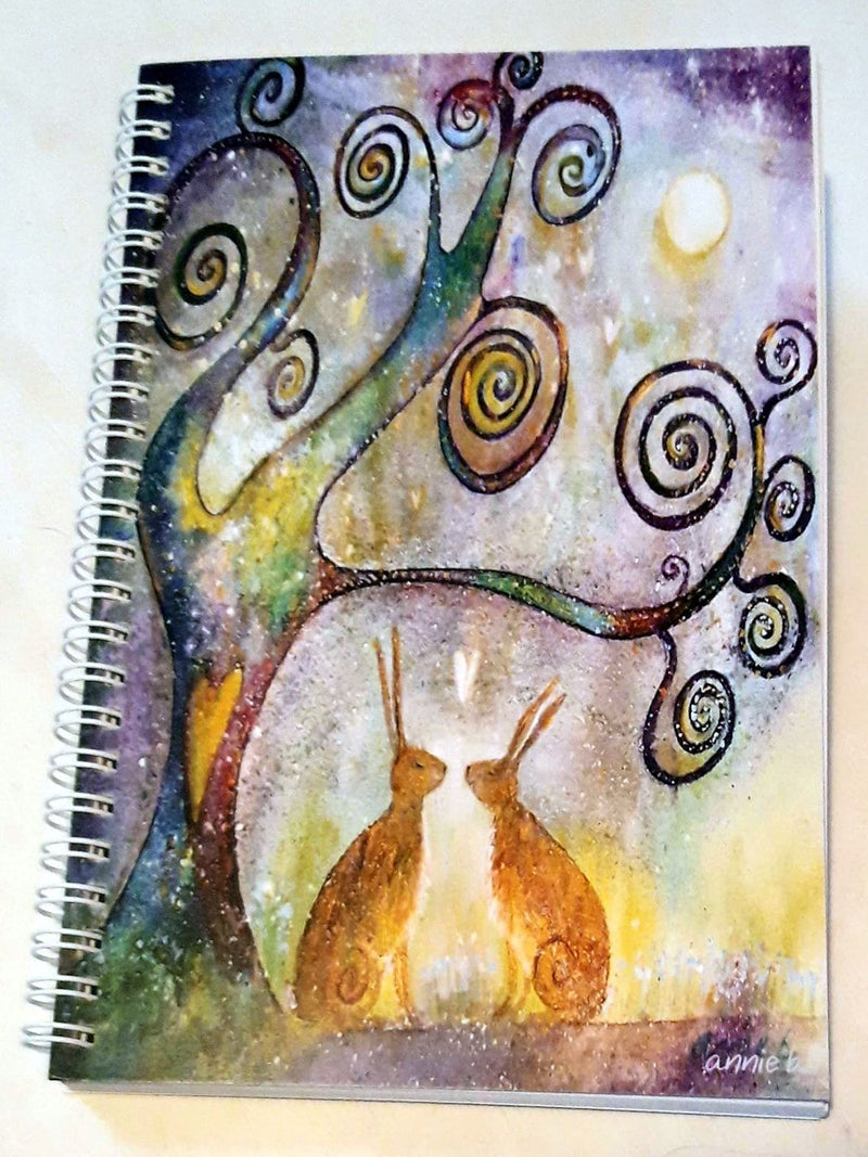 Inspirational hare and tree notebooks printed locally on 100% recycled paper, ideal for your dreams and wishes, sketches, journaling and more - the perfect gift for your loved ones and yourself..  Heavy 160 gms plain off white paper   Size A5 portrait - 14.8cm x 21 cm   / 5.8" x 8.3"  Spiral bound 