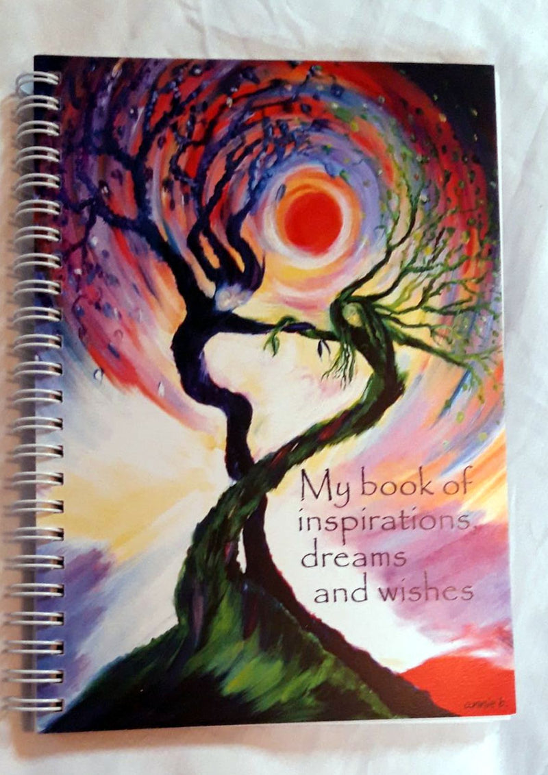 Dancing tree spirits book of dreams and wishes. Inspirational notebooks printed locally on 100% recycled plain paper, ideal for your dreams and wishes, sketches, journaling and more - the perfect gift for your loved ones and yourself..  Heavy 160 gms plain off white paper   Size A5 portrait - 14.8cm x 21 cm   / 5.8" x 8.3"  Spiral bound 