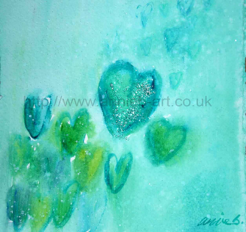 Gentle green blue and turquoise hearts in a water colour style float effortlessly to the sky shining out their love. Such a calming painting full of joy for wellbeing.  Part of the love series.  Square format fine art print available with two options to choose from:  Print only option- image size 36cm x 36cm plus 2cm white border, hand titled and signed by artist   Print mounted signed and framed with natural wooden frame – Framed size is 50.8cm x 50.8cm/ 20”x 20”  