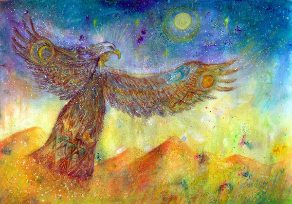 'Dancing with eagle spirit' original mixed medium painting by annie b. on paper, framed in natural wooden frame.  Inspired by shamanic practice and our beautiful earth and power animals who teach us so much...  Eagle helps us see the big picture and is a messenger from spirit. Dance with Eagle Spirit in meditation.  size 40xm x 50cm plus mount and frame