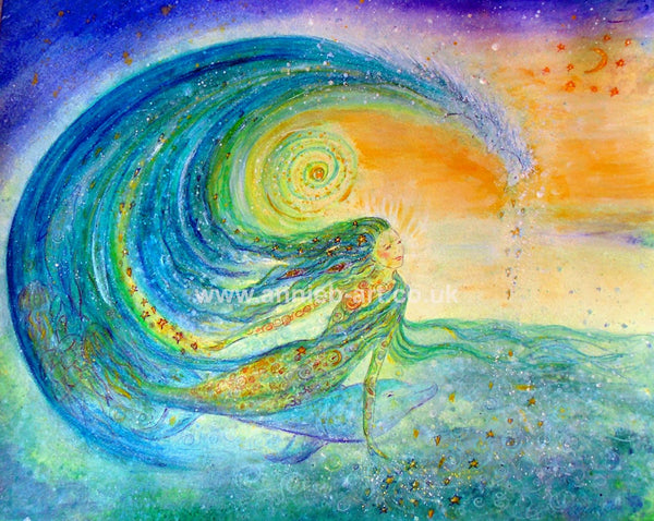 Goddess Oceana is an original  painting by annie b.  Inspired by the  magnificent ocean and seas of Cornwall and  the world Goddess Oceana rides the waves of the ocean accompanied by her friends the dolphins and fishes under a new moon.  As the wave breaks white horses gallop to the shore.  A Steiner inspired painting connecting all as one.   Mixed medium on  hand made paper mounted and  framed with a hint of sparkle  ready to uplift any space in your home or workplace  Size: :large painting