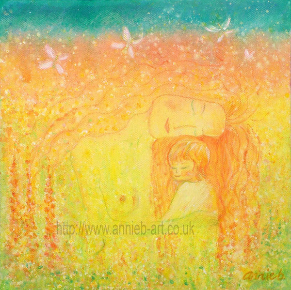 A mother embraces her son as they merge into the beauty of nature with white butterflies flying above .  Orange and turquoise painting in a Gustav Klimt style.  Square format fine art print available with two options to choose from printed in Cornwall: