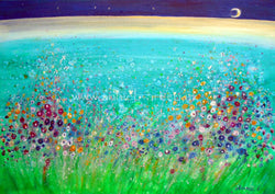 Wild flowers dance with love and joy over the turquoise Cornish ocean under the curved horizon and a inky sky with a new moon.  Hearts and butterflies fly above the flowers and poppies.  A mixed medium painting on deep edged box canvas ready for your walls to bring the light of love and joy to your home, meditation room or workspace. 