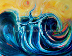  Dancing Water Spirits dance wild and free in a blue ocean under a swirling sky of yellows  Landscape  fine art print available with two options to choose from: