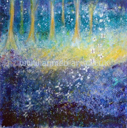 'Magical bluebell woods butterfly dance' original painting by annie b.  White butterflies dance to the light amid the magical bluebell woods, trees and elementals.. A mixed medium painting on deep box canvas with a hint of sparkle and magic to uplift any space.  Canvas size - small -  25cm x 25cm