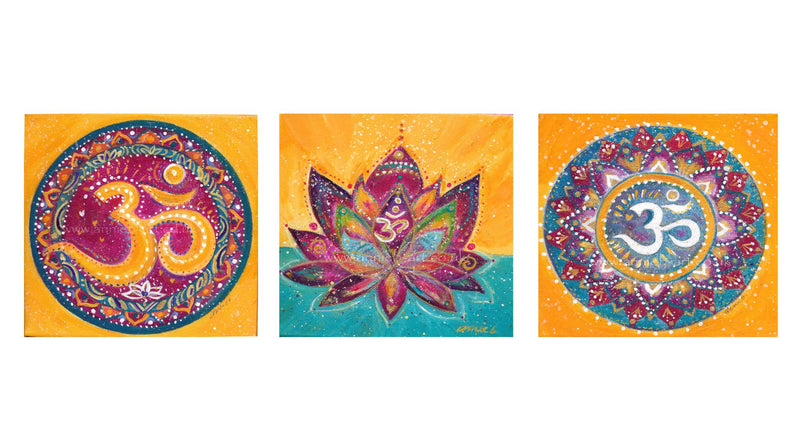 Sacred Aum Collection of three small painting set.  Three small textured paintings of the Sacred Aum symbolizing all of creation all that is, was and will ever be... and the transformational lotus flower.. sprinkled with gold and a hint of magic sparkle.  Each painting is Sized approx. 20cm x 20cm on deep edge box canvas and is ready for your walls at home, meditation room, yoga studio or work space.