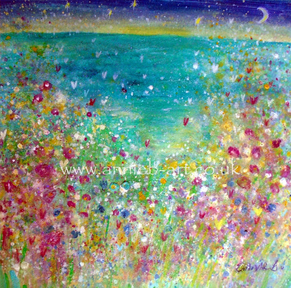 Magical joyful wild flowers and poppies dance above the beautiful turquoise ocean of the Cornish north coast full of love and joy beneath a new moon sky.  Square format fine art print available with two options to choose from printed in Cornwall: