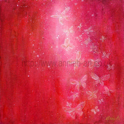 Emerging - a magical painting of white and gold  spirit butterflies flying to the light on a deep red background.  White butterflies are often seen as messengers from spirit.  They also represent personal transformation.   Square format fine art print available with two options to choose from: