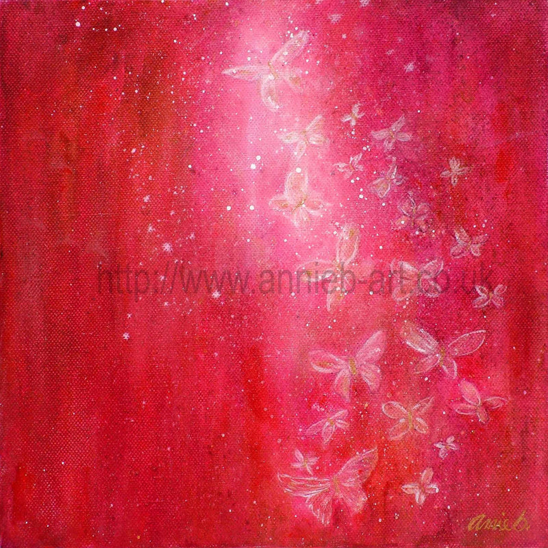 Emerging - a magical painting of white and gold  spirit butterflies flying to the light on a deep red background.  White butterflies are often seen as messengers from spirit.  They also represent personal transformation.   Square format fine art print available with two options to choose from:
