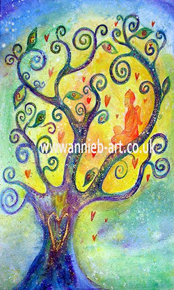 A Buddha figure sits meditating in a magical tree of life connecting with this moment.  When we sit in the present and our mind is quiet we hear the quiet voice of our heart, our true self.  Ideal print for meditation rooms, theraphy rooms, to create a tranquil corner in your home or workspace.  Portrait fine art print available with two options to choose from printed in Cornwall: