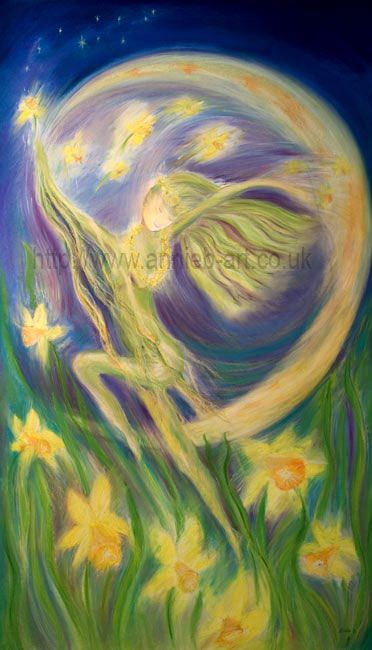 The spring goddess leaps through the daffodils within a new moon on Imbolc a celebration of the lifeforce as mother earth awakens, a pastel drawing in blues greens yellows and purples.  Portrait fine art print available with two options to choose from printed in Cornwall: