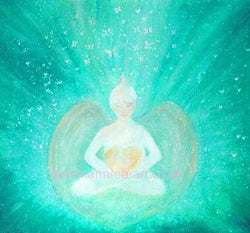 A white buddha angel sits holding a heart sending out light and love to the world surrounded by white butterflies on a turquoise background.  Buddha art. Meditation art.  Square format fine art print available with two options to choose from printed in Cornwall: