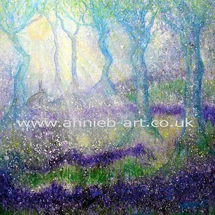 A magical bluebell woodland with sunlight shining through the tree goddess trees onto a beautiful hare.  A painting really capturing the magical essence of the bluebell woods and elementals.  Square format fine art print available with two options to choose from printed in Cornwall: