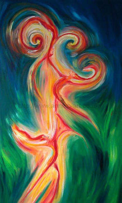  Fire spirts dance one two three flying free - part of my earth, air , fire and water series of paintings.  Portrait fine art print available with two options to choose from: