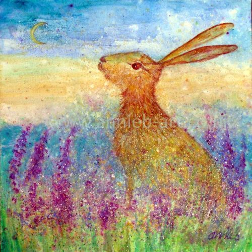  A magical brown hare sits in a meadow of wild flowers under a new moon.  Square format fine art print available with two options to choose from printed in Cornwall: