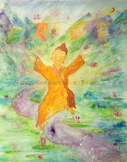 Buddha leaps with joy under the prayer flags, reminding us - there is no way to happiness, happiness is the way.  A water colour style painting of bright colours to fill our home, office or yoga studio with joy.  Portrait fine art print available with two options to choose from printed in Cornwall: