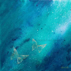 Fine art print of two white butterflies flying over the turquoise Caribbean ocean inspired by the thousands of white migrating butterflies who flew over our wedding day