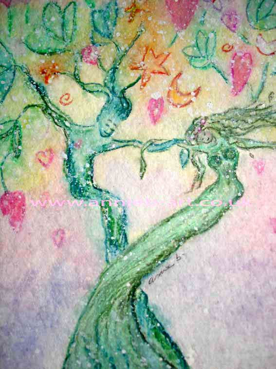 Two tree spirits dance in unity full of love on their wedding day surrounded by stars moons and hearts, the perfect wedding or anniversary gift print.  Portrait fine art print available with two options to choose from printed in Cornwall: