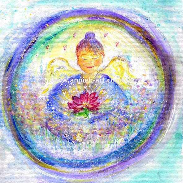 A buddha angel sits meditating peacefully amongst the flowers holding a lotus flower. A tranquil image to bring calm and peace to your home, theraphy room, yoga studio or workspace.  Meditation bliss.  Square format fine art print available with two options to choose from printed in Cornwall: