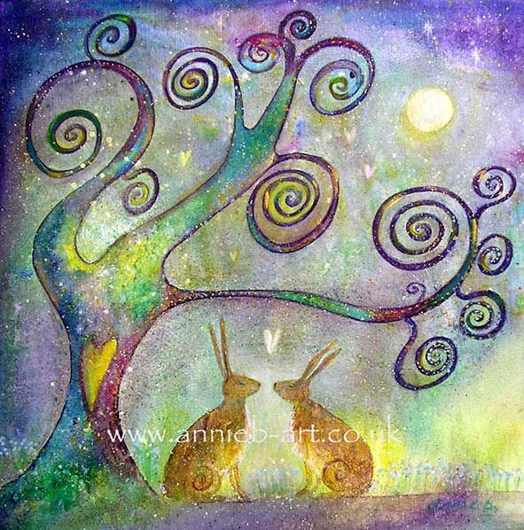 Fine art square format giclee print .  This painting captures two hares meeting under the magical tree of life under a full moon sky- a special moment in time. Dreamy watercolour style in purples, pinks, green and yellow hues.