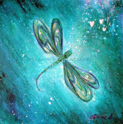 A magnificent turquoise green dragonfly appears shimmering with wings open on a deep turquoise background with white hearts.   Dragonfly symbolizes change, transformation, adaptability, and self-realization.  Dragonfly spirit animal to me also represents joy, and lightness of being. Available as fine art print rolled or framed.
