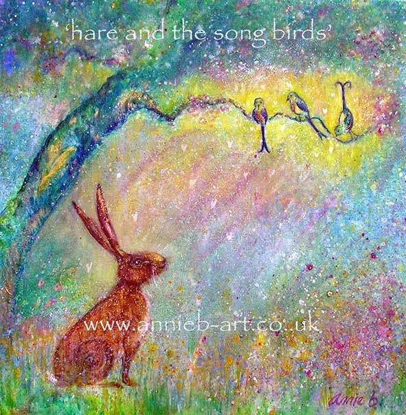 Hare sits under a magical tree with three magnificent song birds with a backdrop of pinks, yellows and blues in a gentle watercolour style painting.  ﻿Square format fine art print available with two options to choose from printed in Cornwall: