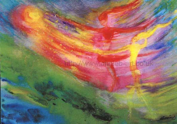 'Magical sunshine' an original water colour painting by annie b. Two figures dance and leap and merge with the summer sunshine and all around. A painting full of joy in a  Rudolph Steiner style. water colour on paper framed size 31cm x 40 cm plus mount and natural wood frame