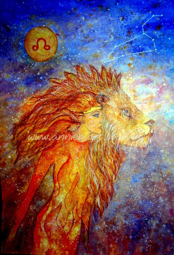 This beautiful painting incorporates the characteristics of Leo the fire sign.... and is painted in mixed media on heavy watercolour paper.  The goddess merges with the lion energy and fire sign above.  Portrait fine art print available with two options to choose from printed in Cornwall: