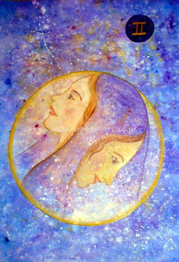 This beautiful painting incorporates the characteristics of Gemini horoscope zodiac sign-  the Air sign and their dual characteristics and is painted in mixed medium on heavy watercolour paper in acrylic, with a touch of gold and sparkle. the female figure is enclosed in a yin yang circle depicting the two sides of the Gemini character. Image  size  40cm x 45cm plus mount and frame- made in Cornwall with love