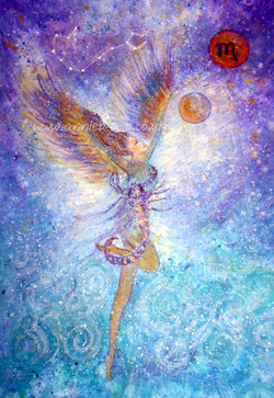 This beautiful painting incorporates the characteristics of the star sign zodiac Scorpio - deep, strong, powerful, emotional and is a goddess Scorpio sign with wings reaching out to eh universe..- Scorpio the water sign.... and is painted in mixed medium on heavy watercolour paper in acrylic, with a touch of gold and sparkle  Painting size including frame -40cm x 45cm