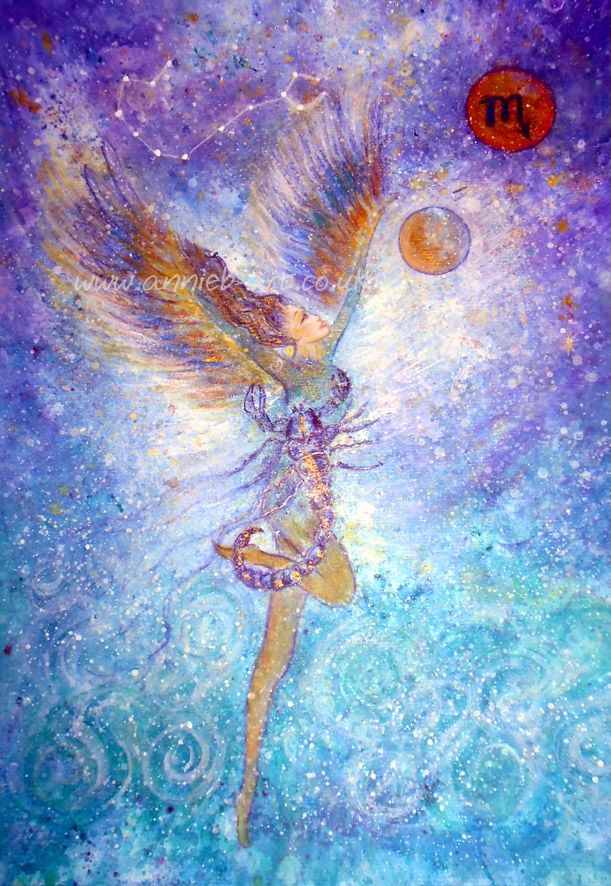 This beautiful painting incorporates the characteristics of the star sign zodiac Scorpio - deep, strong, powerful, emotional and is a goddess Scorpio sign with wings reaching out to eh universe..- Scorpio the water sign.... and is painted in mixed medium on heavy watercolour paper in acrylic, with a touch of gold and sparkle  Painting size including frame -40cm x 45cm