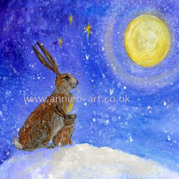 A mother  hare and baby hare sit  in the snow under a full moon in a starry sky to wonder at life.  Mindful painting to help us connect to the love of the world and each other.  This painting is taken from my inspirational children's book, The Hare and the Wise Old Apple tree.  Square format fine art print available with two options to choose from printed in Cornwall: