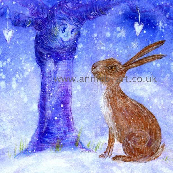  This painting is of a brown hare talking to a wise old apple tree under a snowy sky surrounded by love and is from my inspiring children's book - Hare and the Wise old Apple tree.  Square format fine art print available with two options to choose from printed in Cornwall: