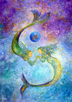 This beautiful painting incorporates the characteristics of  the star sign horoscope zodiac Pisces the water sign... and is painted in mixed medium on heavy watercolour paper  with a touch of gold and sparkle . Pisces people are known for being incredibly creative, empathetic, and generous, also can be deeply emotional.  Portrait fine art print available with two options to choose from printed in Cornwall: