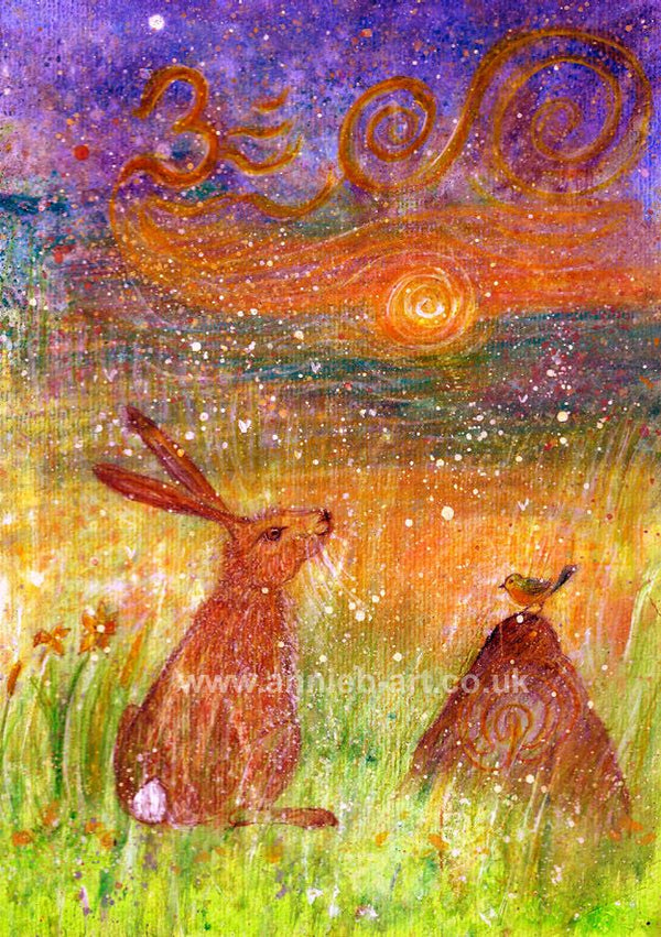 This image taken from my children's book- 'The hare and the song bird' a story book full of joy and wonder to uplift and inspire wellbeing within.  Hare and little bird sit in meditation still like the mountain in nature. watching the sunset.   Portrait fine art print available with two options to choose from: