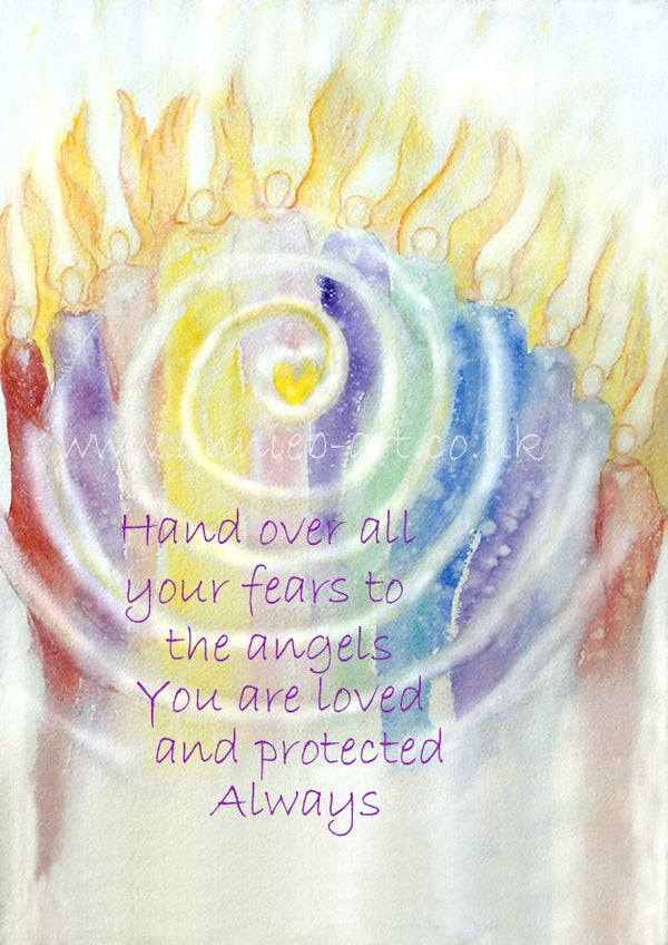 Your angels are always here to guide and protect you through life's journey.  In this angelic painting the Archangels gather and send out their love .  The inspiring words are - and over all your fears to the angels, you are loved and protected always remind us we are never alone.  Quote art portrait fine art print available with two options to choose from: