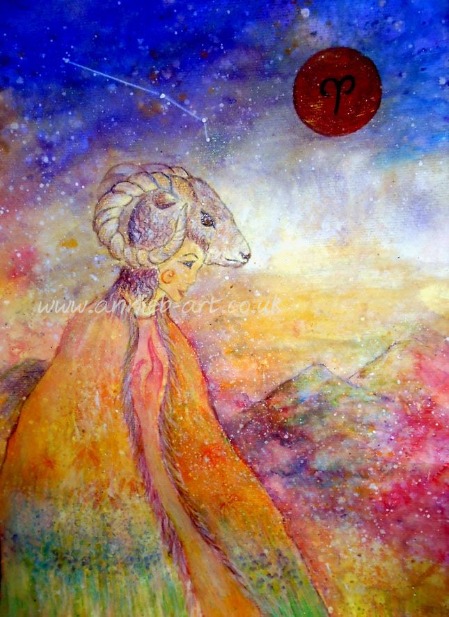This beautiful painting of the Aries horoscope sign incorporates the characteristics of Aries the fire sign - .impulsive, energetic, dynamic exploratory.  Aries the ram symbolizing brave determination and leadership. It also symbolises the first burst of spring and the renewal of the solar energy..   Portrait fine art print available with two options to choose from: