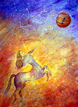 This beautiful painting incorporates the characteristics of Sagittarius the fire sign... and is painted in mixed media on heavy watercolour paper in acrylic with a touch of gold and sparkle.  Sagittarius, the half human and half horse, is the centaur of mythology, the learned healer whose higher intelligence forms a bridge between Earth and Heaven. 