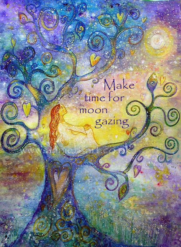 A female goddess figure sits transfixed by the magic of the full moon in a wonderful mystical tree of life full of hearts and love. Quote Art. STUNNING GODDESS ART with the words - 'Make time for moon gazing'  to remind us to stop, take a moment and enjoy the wonders of the moment and the world.  Portrait fine art print available with two options to choose from printed in Cornwall: