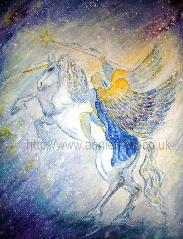 An angel- Archangel Michael, rides on a white horse unicorn with his golden angel wings flying in the wind, yielding a staff and star,  giving us strength and protection on life's journey.   Portrait fine art print available with two options to choose from printed in Cornwall: