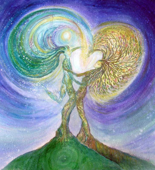 Fine art square print of two magical tree figures entwined,  the earth self and the spirit self, celebrating all that is as they dance with life.  Beautiful purple sky and green man. 